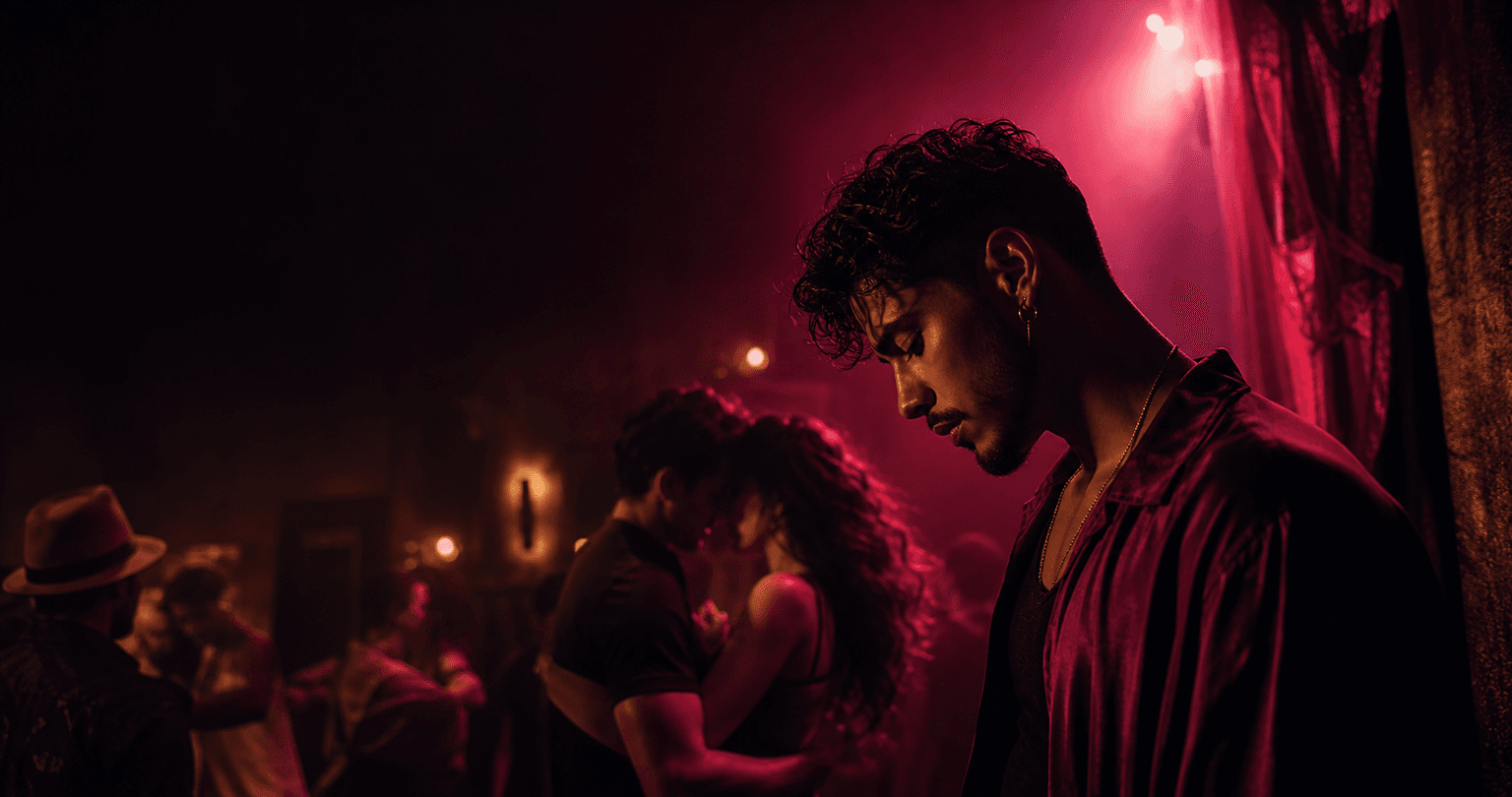 Cinematic romantic Bachata night scene for AI Latin Flow